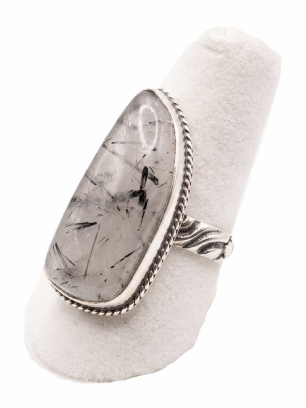 New Artisan Grey Tourmalinated Quartz Stone 925 Sterling Silver Flower Ring